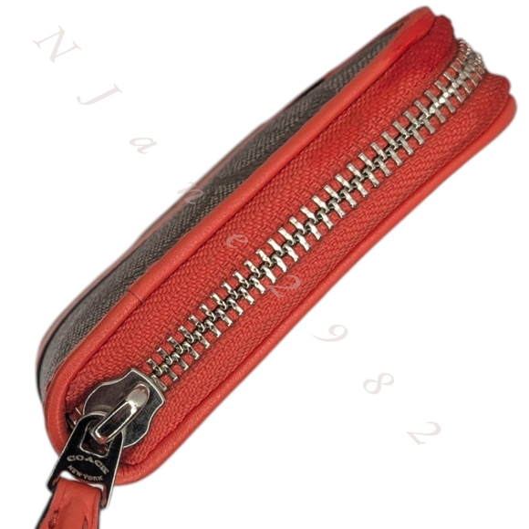 Coach Signature C Zip Long Wallet Brown Khaki Coated Canvas Orange Leather Trim - Picture 7 of 16